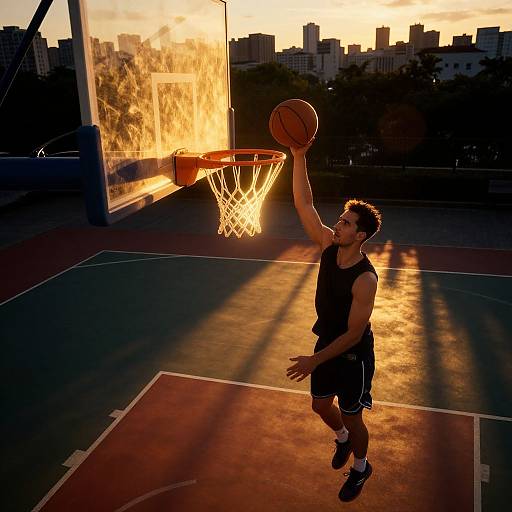 Intense Basketball Moment at Dusk