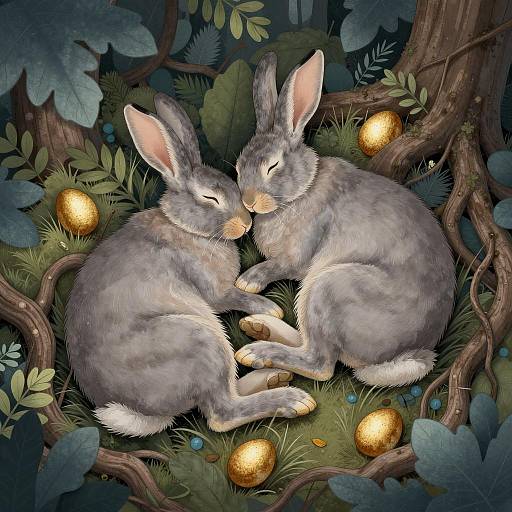 Intertwined Gray Rabbits in Forest Setting
