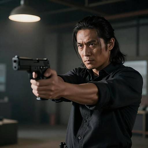 Brooding Man with Gun in Factory