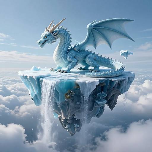 CGI image of a majestic blue dragon with wings and horns, standing on an icy floating island amidst fluffy clouds.