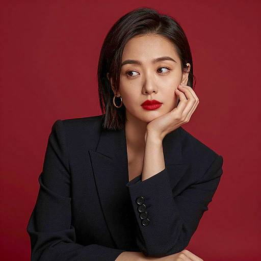 Asian Woman in Black Blazer with Red Lipstick