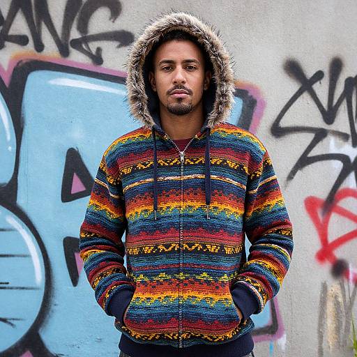 Photograph of a bearded man with medium brown skin wearing a colorful, patterned, hooded jacket with fur trim, standing in front of graffiti