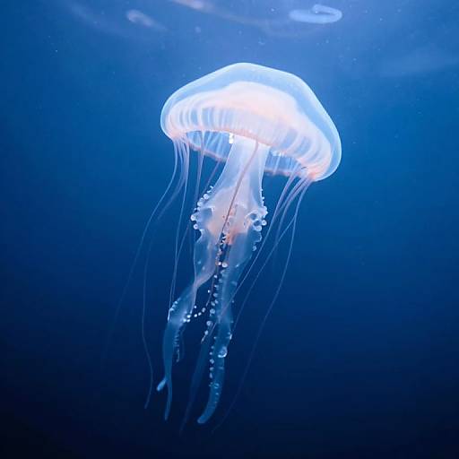 Photograph of a glowing, translucent blue jellyfish with long, trailing tentacles, floating in a deep blue underwater environment.