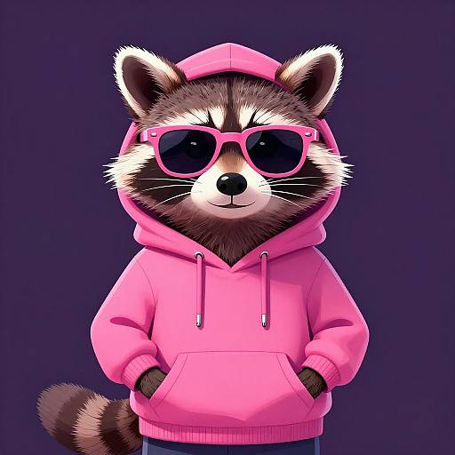 Digital illustration of a raccoon with pink sunglasses and a pink hoodie, standing against a dark purple background, hands in pockets.