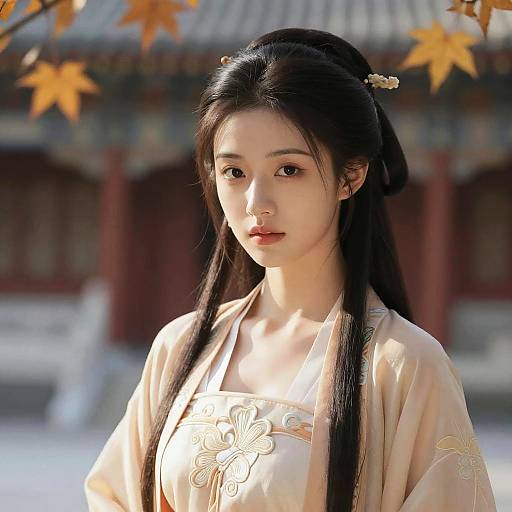 Asian Woman in Traditional Hanfu at Autumn Temple