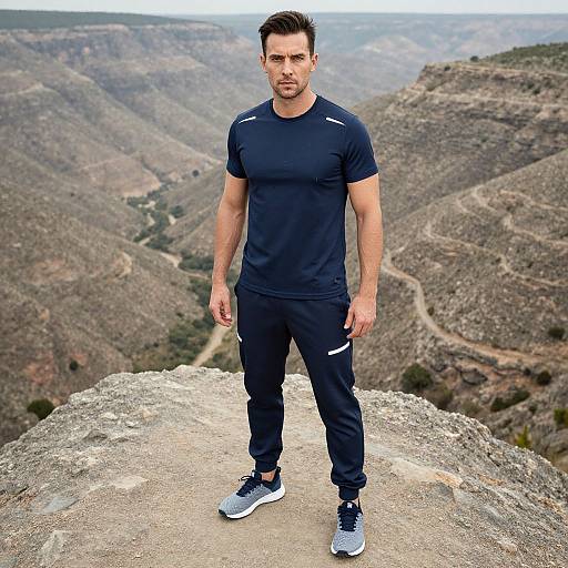Photograph of a muscular man with short dark hair, wearing a navy Nike athletic outfit and white sneakers, standing on a rocky mountain overlook with a vast