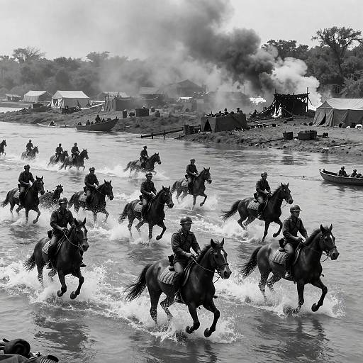Black-and-White Soldiers Crossing River on Horseback