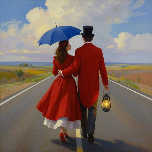 Digital painting of a couple in red Victorian attire, walking down an empty road under a blue umbrella, with a man holding a lantern, under a bright