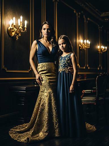 Mother and Daughter in Elegant Evening Gowns