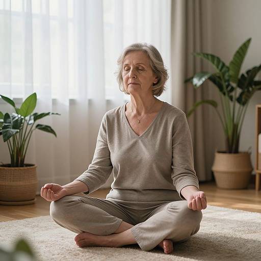 Elderly Woman Meditating in Cozy Room