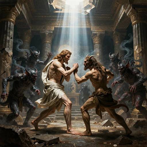 Digital artwork: Muscular, shirtless man in white toga confronts horned, muscular demon in dark loincloth, surrounded by snar