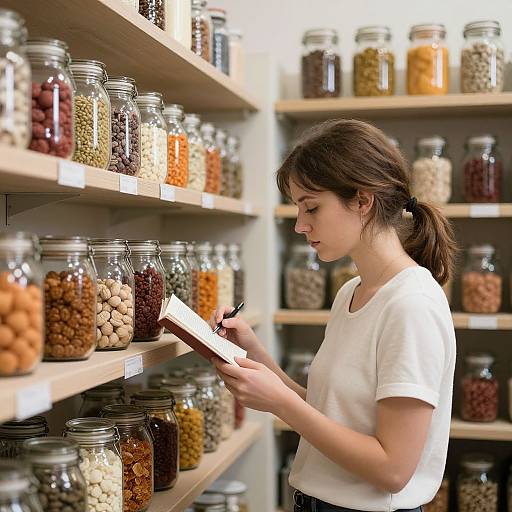 Young woman with brown hair in white t-shirt reads catalog in spice aisle, surrounded by jars of colorful spices on wooden shelves.