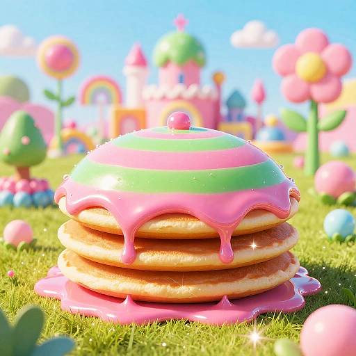 Whimsical CGI image of a stack of pancakes with pink and green striped icing, dripping on grass, in a colorful, candy-like garden.