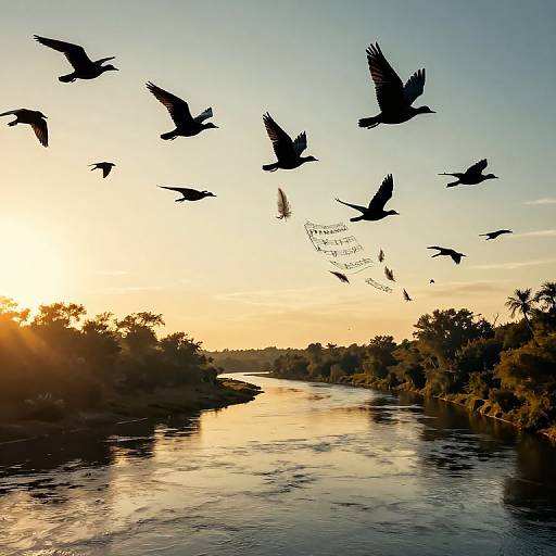 Sunset over a serene river with silhouetted birds flying overhead, reflecting golden light on calm water, surrounded by trees and palm trees. Phot