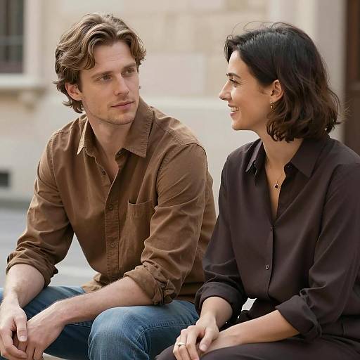 Two People Sitting and Talking Outdoors