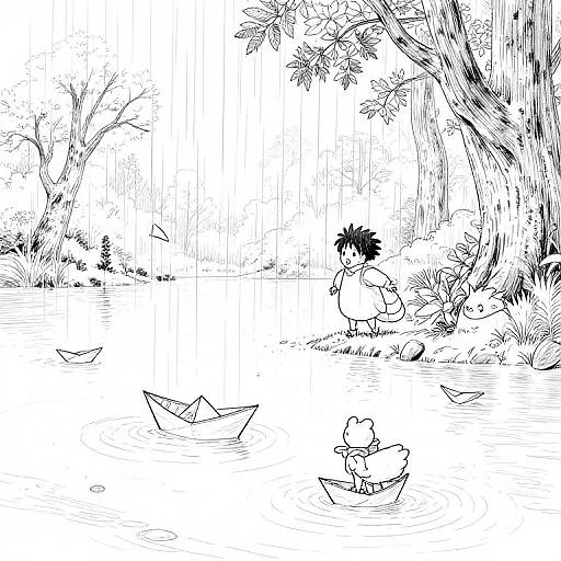 Black-and-white manga-style drawing: A spiky-haired boy stands by a forest stream, watching two paper boats float away. Trees with detailed foliage surround