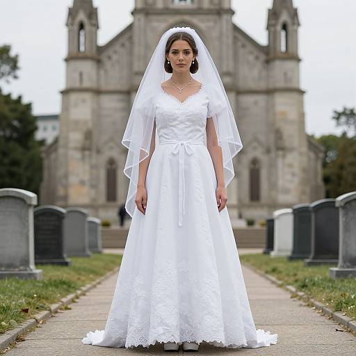 Photograph of a smiling bride in a white lace wedding dress with veil, standing in a cemetery path, with a church in the background.