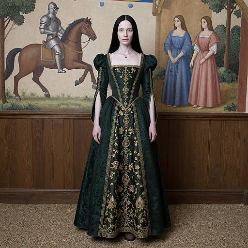 Photograph of pale woman with black hair in ornate black and gold gown, standing in front of Renaissance-style mural with knight, horse, and two