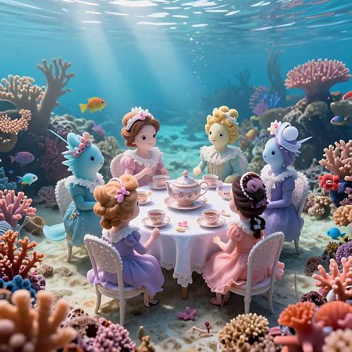 Underwater scene: Five doll-like characters in Victorian dresses, sitting around a table with teacups, surrounded by colorful coral reefs and fish, bath