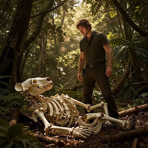 Photograph of a man in a dark shirt and pants, standing in a sunlit forest, examining a large, white skeletal remains on the forest floor