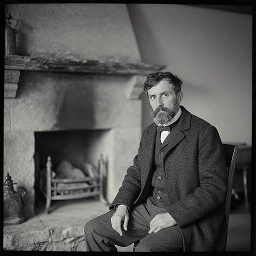 Black-and-white photograph of a bearded, middle-aged man in a dark suit, seated in a rustic room with a stone fireplace.
