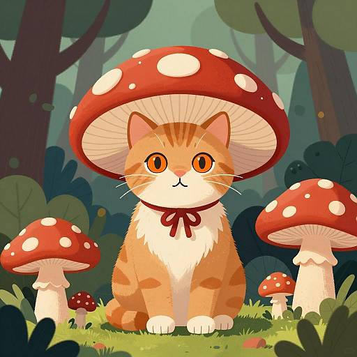 Whimsical Tabby Cat in Mushroom Wonderland
