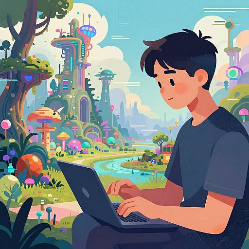 AI Artist Creating Cyber-Fantasy Landscape