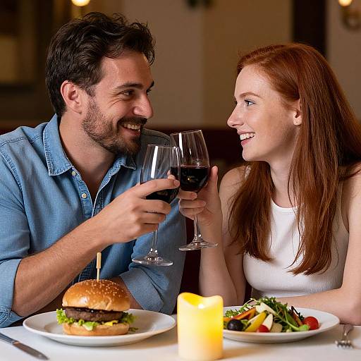 Photograph of a smiling couple with dark and red hair, raising glasses of red wine at a candlelit restaurant table with burgers and salads.