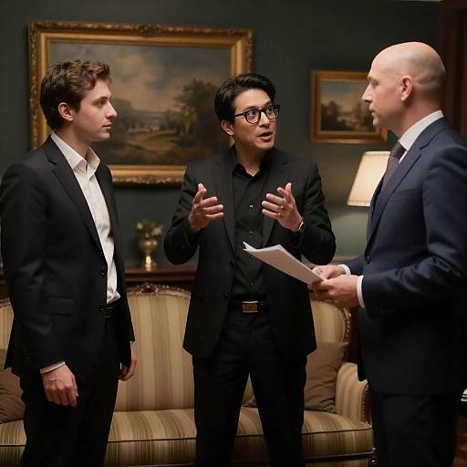 Three Men in Dimly Lit Room