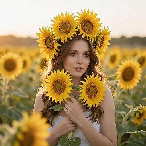 Photograph of a young woman with wavy brown hair, wearing a white sleeveless dress, standing in a sunflower field. She holds sunflowers
