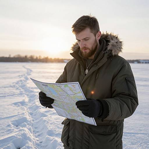 Photograph of a bearded man in a green winter jacket, black gloves, and fur-trimmed hood, reading a map in a snowy landscape
