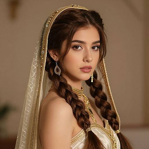 Photorealistic digital portrait of a beautiful young woman with long, braided brown hair, wearing a golden traditional dress and veil, adorned with intricate jewelry