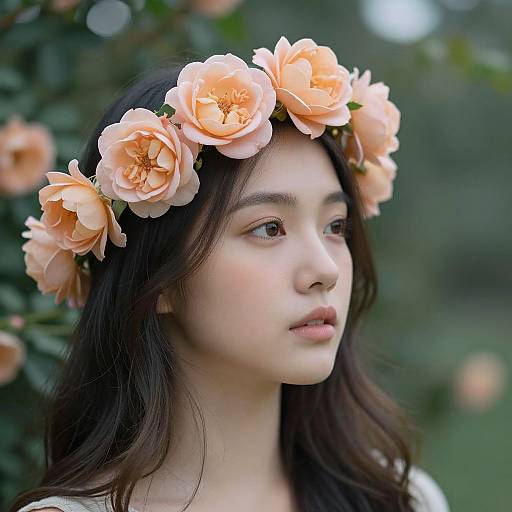 Photograph of an Asian woman with long dark hair, wearing a peach rose flower crown, looking to the side, against a blurred green foliage background.