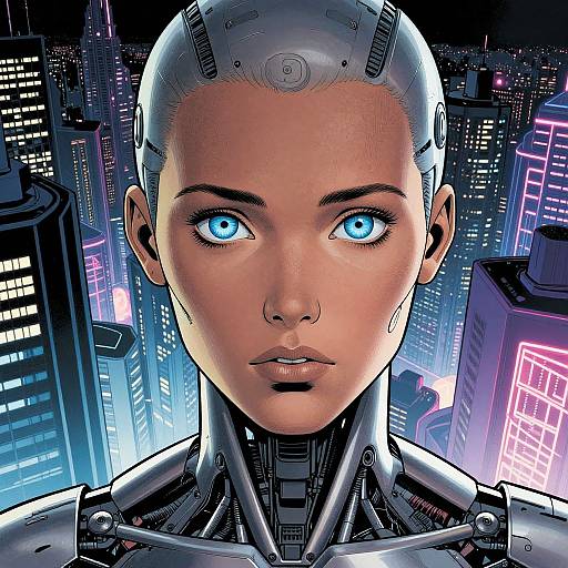 Digital art of a cybernetic woman with bright blue eyes, metallic head, and sleek futuristic shoulders, set against a neon-lit cityscape.