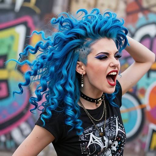 Photograph of a punk-style woman with vibrant blue, curly hair, black choker, and spiked head, screaming passionately in front of colorful graffiti wall