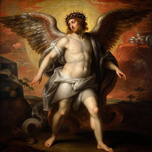 Baroque-style painting of a muscular, fair-skinned, angelic Christ with wings, crown of thorns, and draped cloth, standing against a