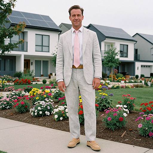 Photograph of a smiling man in a light gray suit, pink tie, and tan shoes standing in front of a modern suburban house with a colorful flower