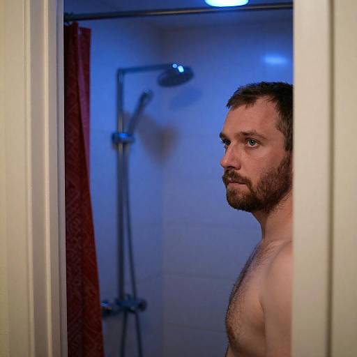 Man Standing in Blue Lit Bathroom Doorway