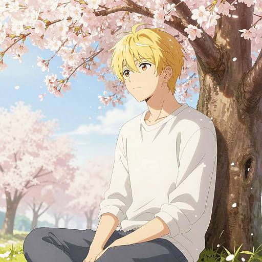 Anime-style drawing of a blonde-haired, fair-skinned young man in a white shirt and blue jeans, sitting under a blooming cherry tree. Bright