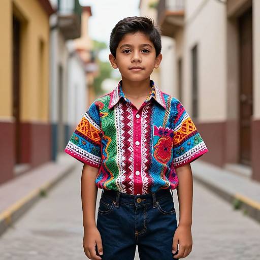 Photograph of a young boy with short black hair, wearing a vibrant, multicolored, patterned shirt and dark jeans, standing in a narrow