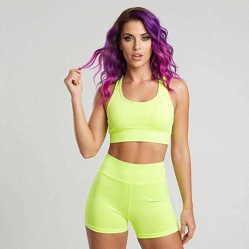 Photograph of a woman with purple and pink ombre hair, wearing a neon yellow sports bra and shorts, standing against a white background.