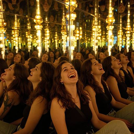 Photograph of a row of laughing women with dark hair in black tops, reflected in a mirror, surrounded by glowing yellow lights.