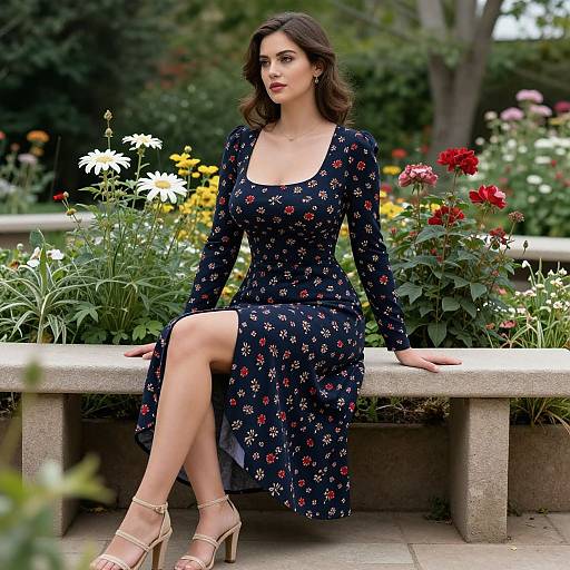 Photograph of a brunette woman with fair skin, wearing a black floral dress and gold heels, sitting on a garden bench surrounded by vibrant flowers.