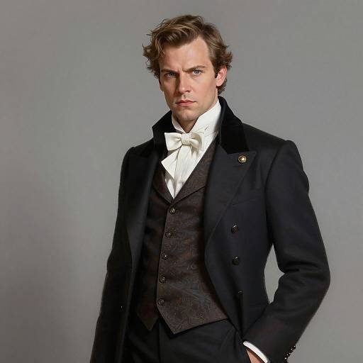 Photograph of a handsome Caucasian man with tousled brown hair, wearing a black suit, white shirt, and dark vest, against a grey background.