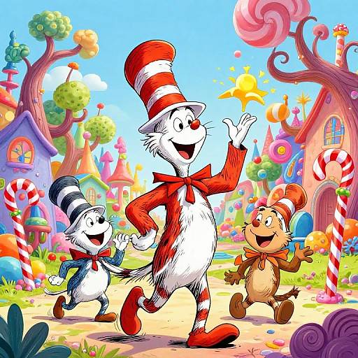 Colorful digital illustration of two white cats and a brown mouse in whimsical outfits, dancing joyfully in a candy-themed fantasy village.