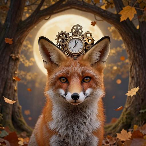 Photorealistic digital artwork of a fox with a clock crown, orange fur, white chest, and amber eyes, set against a full moon and autumn