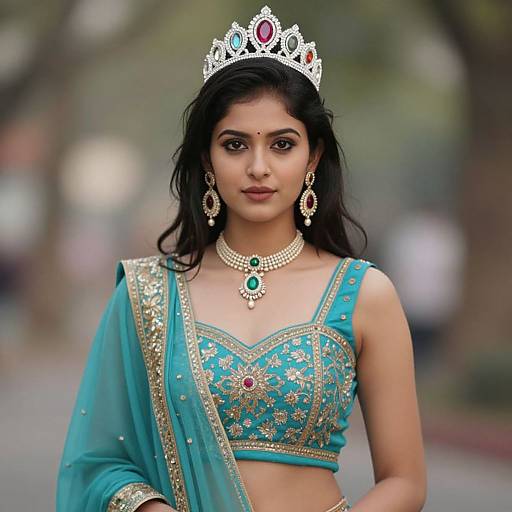 Photograph of a young Indian woman with medium skin tone, wearing a turquoise and gold embroidered traditional outfit, silver crown, green gemstone necklace and earrings