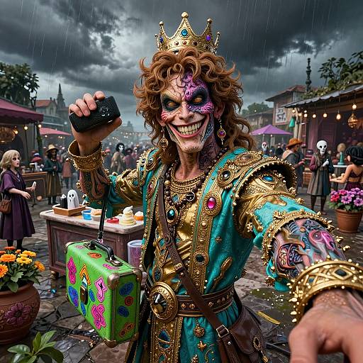 Photograph of a grinning, masked, curly-haired person in a colorful, ornate medieval costume, holding a camera and green lunchbox, in