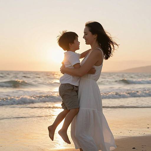 Photograph of a dark-haired woman in a white dress lifting a young boy in a white shirt and gray shorts at sunset on a beach, with waves