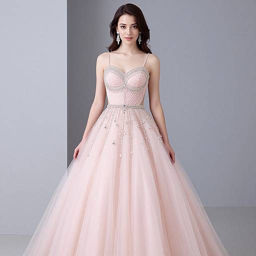 Photograph of a fair-skinned woman with dark curly hair wearing a strapless, pale pink ball gown with sparkling embellishments, standing against a plain